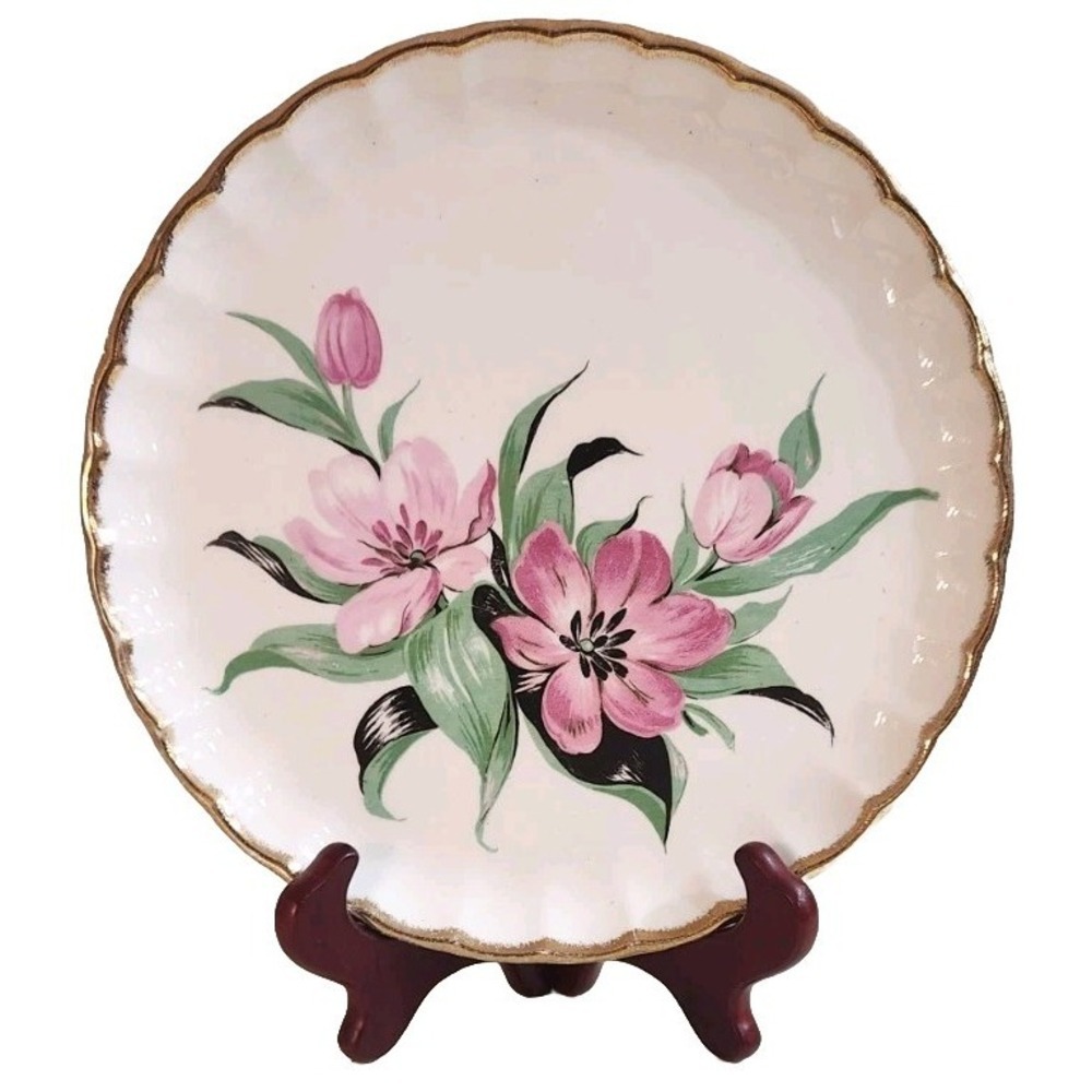 WS George Cake Dessert Plate, Floral, Fluted Gold Trim, 9"